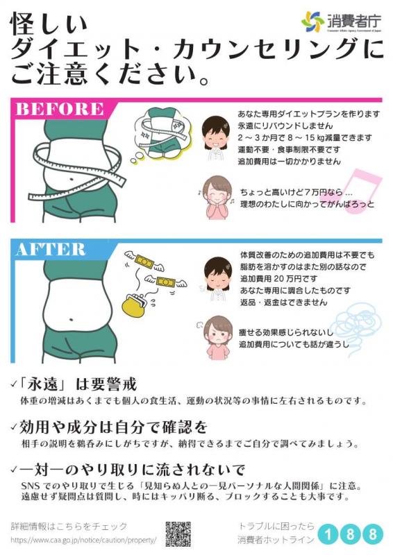 「一度に体質を改善し、追加費用は不要」などとダイエット希望者を勧誘し、痩身効果をうたうお茶等を次々販売する事業者に関する注意喚起