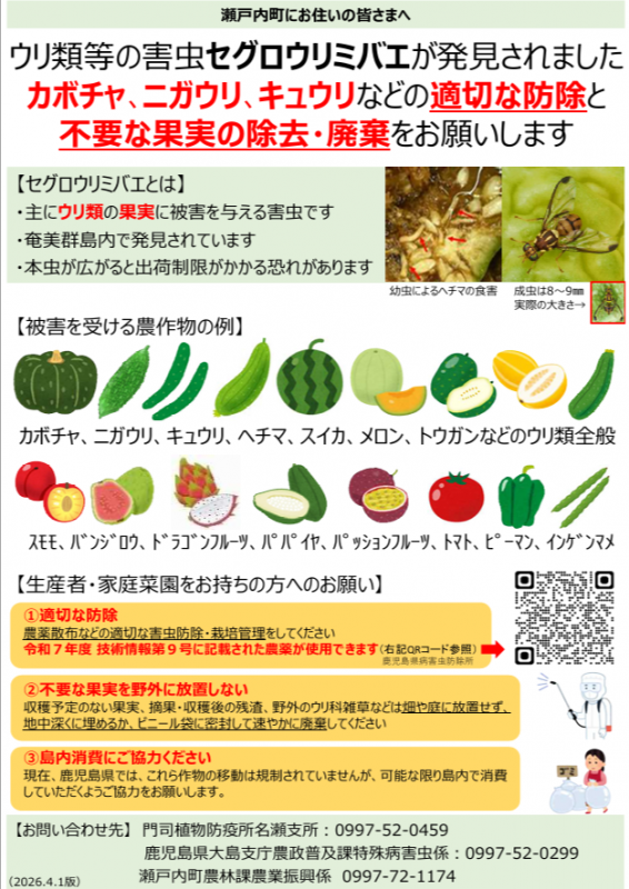 カボチャ、ニガウリ、キュウリなどの適切な防除と不要な果実の除去・廃棄をお願いします