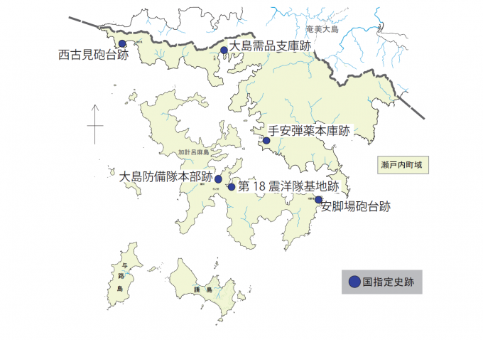 国史跡指定箇所を記した瀬戸内町全域図